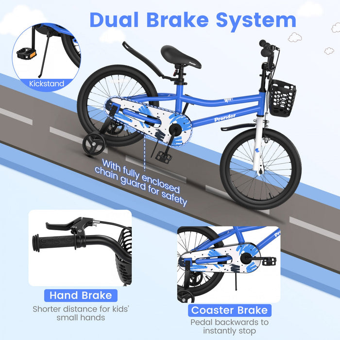Costway 18" Kid's Bike With Removable Training Wheels & Basket For 4-8 Years Old Blue