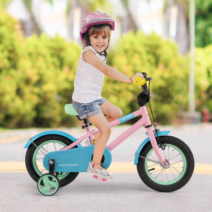 Costway 12" Kids Bike With Adjustable Saddle Handlebar Removable Training Wheels Handbrake Pink