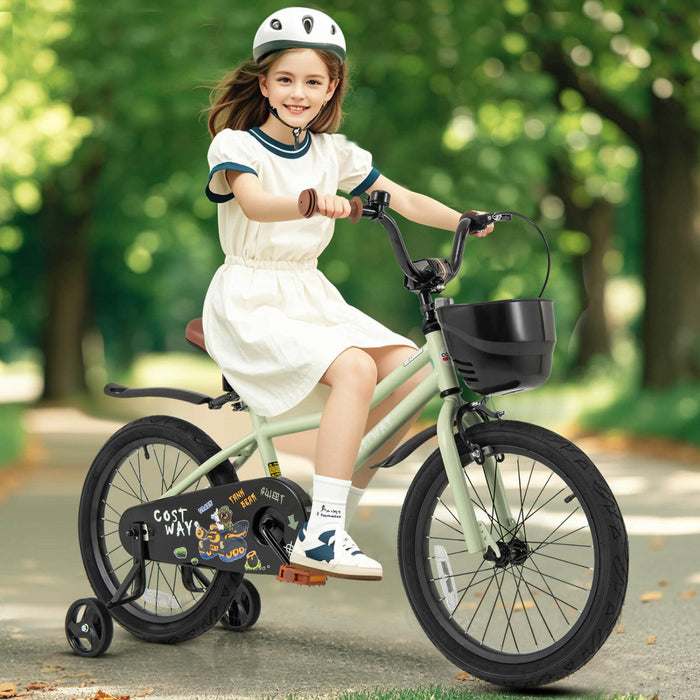Costway 18" Kid's Bike With Training Wheels Adjustable Handlebar & Seat Handbrake Green