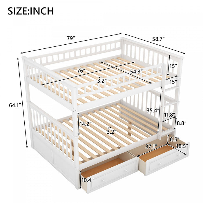 Brady Solid Wood Convertible Full Bunk Bed With Drawers - White Lit Superpose Convertible Brady En Bois Massif, Taille Double, Avec Tiroirs - Blanc