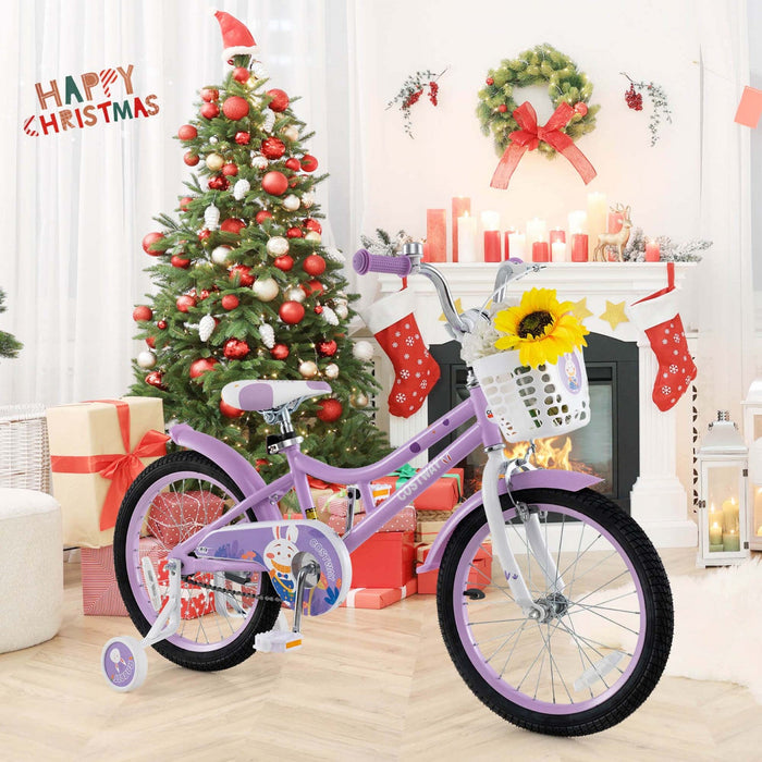 Costway 18" Girl Bike With Basket Detachable Training Wheels Adjustable Seat Handbrake Coaster Brake Purple