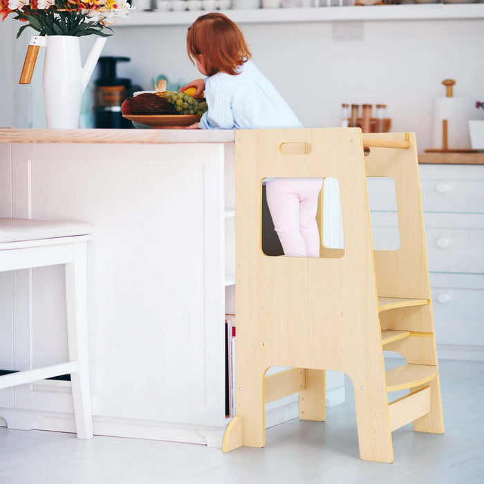 Costway Toddler Kitchen Step Stool With Activity Chalkboard Adjustable Height & Safety Rail Beige