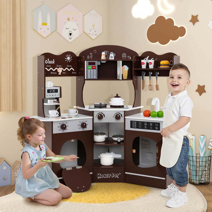 Honeyjoy Corner Kitchen Playset With Coffee Machine Oven Microwave Washing Machine Brown