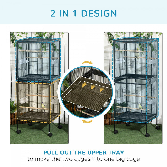 Pawhut 55.1\" 2 In 1 Bird Cage Aviary Parakeet House For Finches, Budgies With Wheels, Slide-out Tray