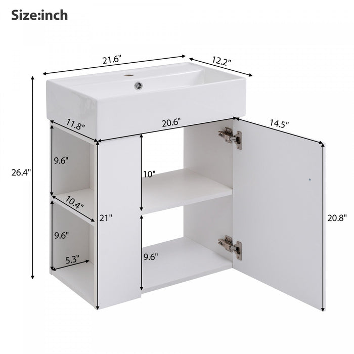 Rachel 21.6\" Floating Bathroom Vanity With Ceramic Basin, Soft-close Door, And Left Side Storage 