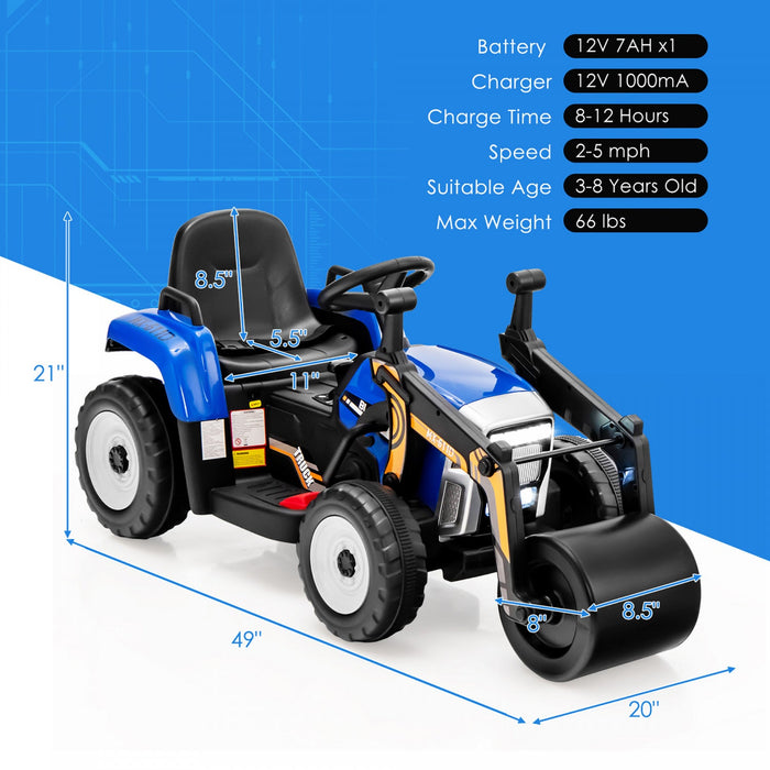 Costway Kids Ride On Road Roller 12v Electric Tractor Remote W/ Music & Led Light Blue