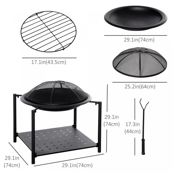Outsunny 74cm Outdoor Fire Pit With Screen Cover And Storage Shelf, Wood Burning Fire Bowl With Poke