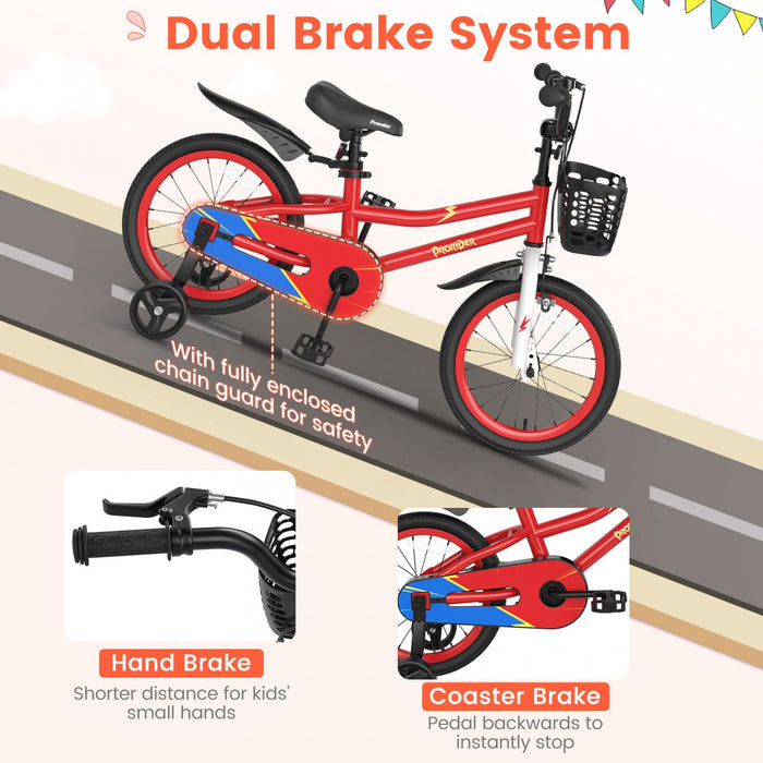 Costway 16" Kid's Bike With Removable Training Wheels & Basket For 4-7 Years Old Red