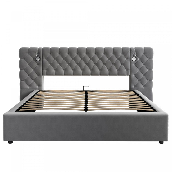 Malcolm Luxury Plush Velvet Upholstered Bed with Diamond Tufted Headboard and Reading Lights,King Size,Grey King Bed  