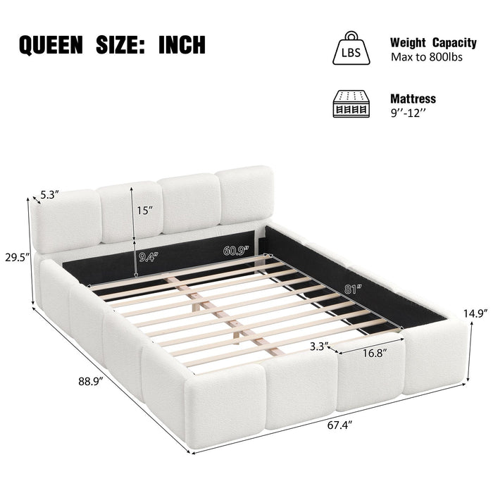 Aiden Platform Bed with Supportive Upholstered Frame in Boucle Fabric,Queen Size,White Queen Bed  
