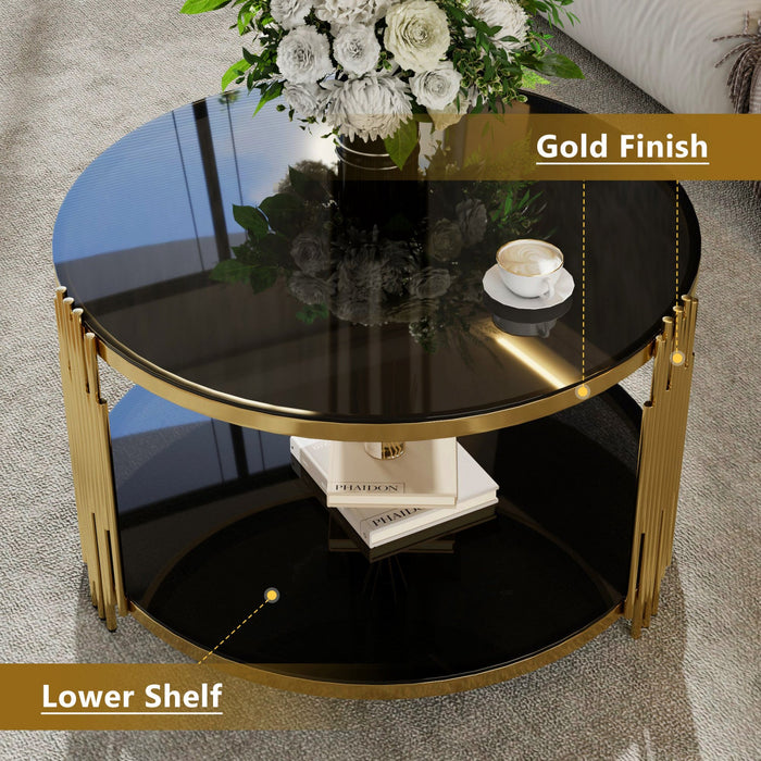 Nancy 31.5\" Round Mirror Coffee Table With Lower Shelf - Black 