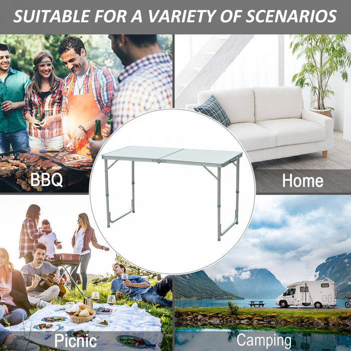 Outsunny 4ft Camping Table Foldable Picnic Garden BBQ Desk Indoor & Outdoor Folding Table with 2 Level Height Adjustable, Aluminum Frame and Carrying Handle, Silver