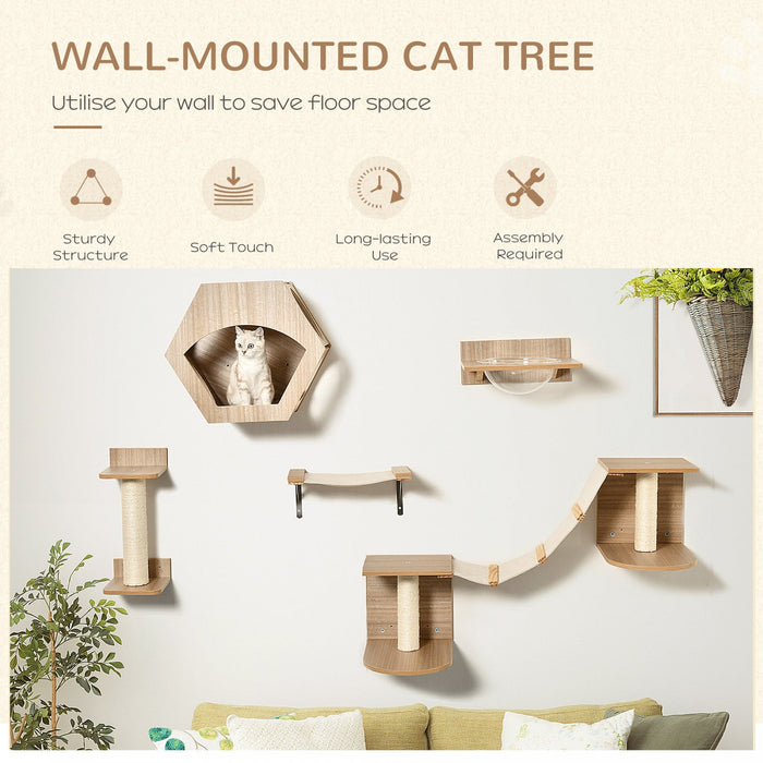Pawhut Cat Tree 5pcs Pet Wall-mounted Climbing Frame Shelf Set Kitten Perch Activity Center With Ham