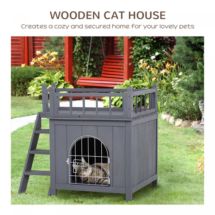 Pawhut 2-story Pet House For Cats Miniature Sized Dogs, Wooden Kitten Shelter With Enclosure, Balcon