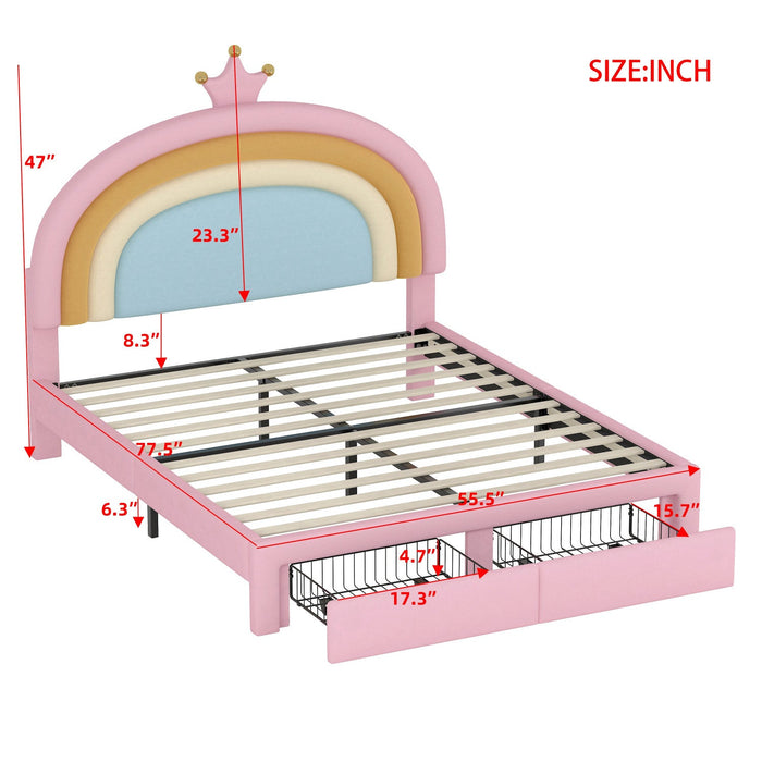 Maggie Upholstered Rainbow Princess Bed With Storage Drawer And Velvet Platform Frame,full Size,pink Full Bed 