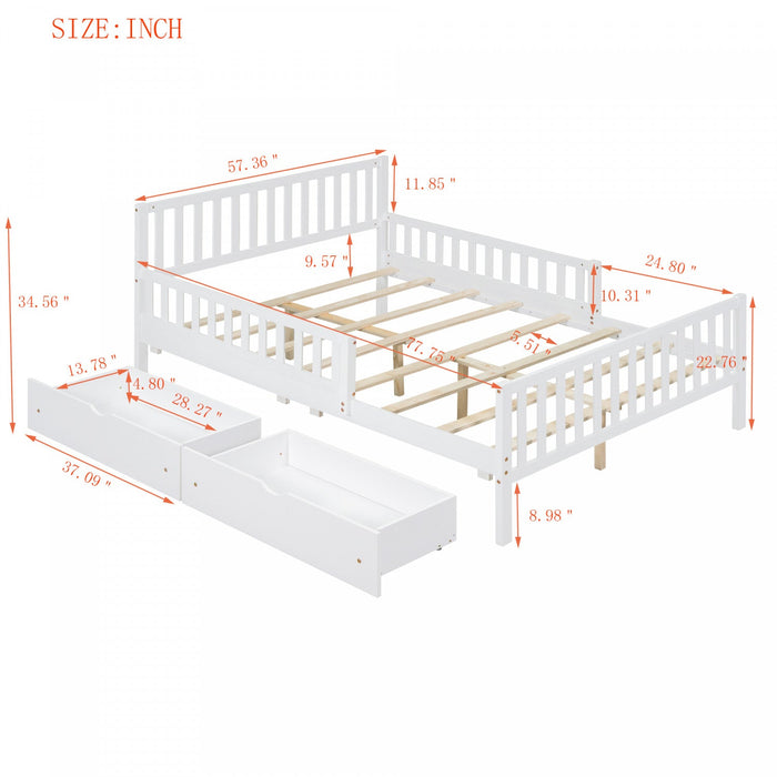 Emma Wood Platform Bed with Guardrails and Storage Drawers,Full Size - White 