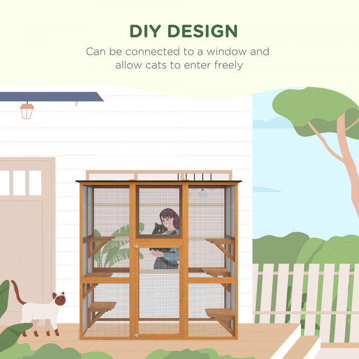 Pawhut Large Outdoor Catio Enclosure, Weatherproof Cat House With Asphalt Roof, Wooden Cat Patio Cag