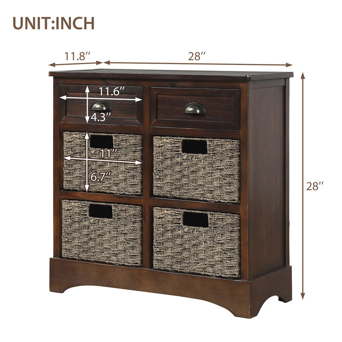 Tobey Solid Wood Storage Cabinet With 2 Drawers And 4 Rattan Baskets,espresso Accent Cabinet 