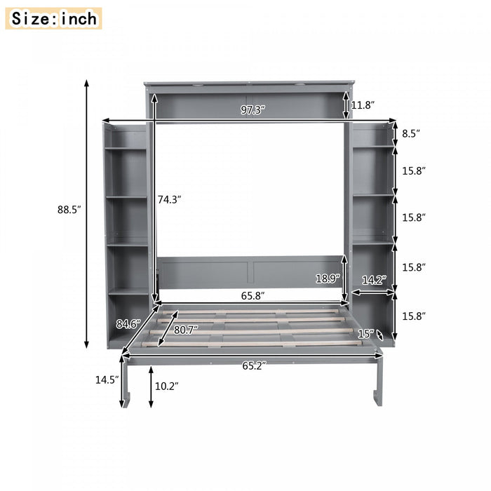 Glenn Engineered Wood Murphy Bed With Shelves And Led Lighting, Queen Size - Grey 