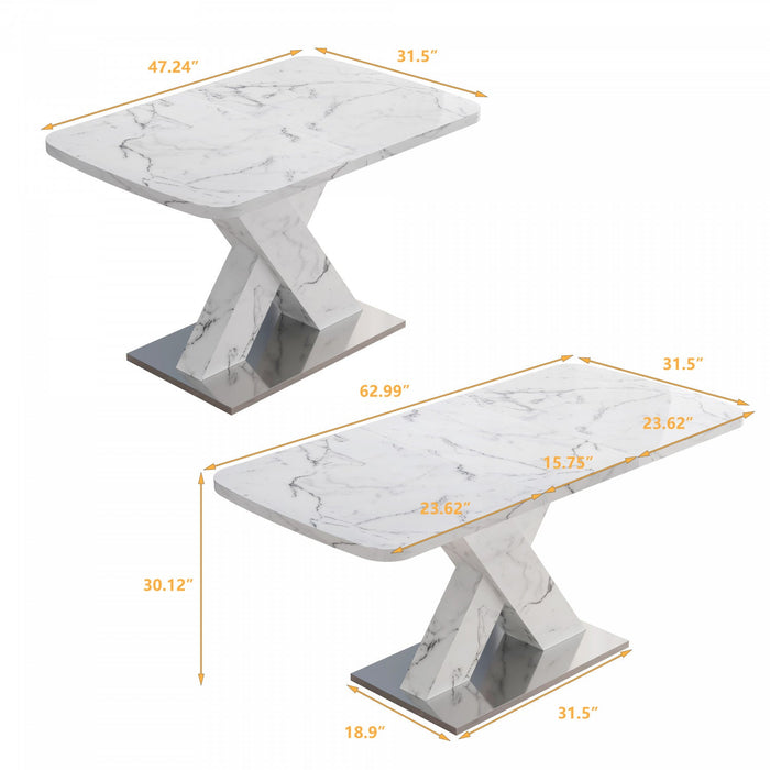 47.24\"-62.99\" Lennon Modern Extendable Rectangular Dining Table with Marble Printed Top - White 