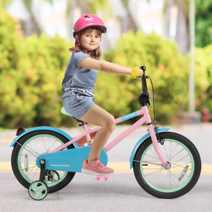 Costway 16" Kids Bike With Adjustable Saddle Handlebar Removable Training Wheels Handbrake Pink