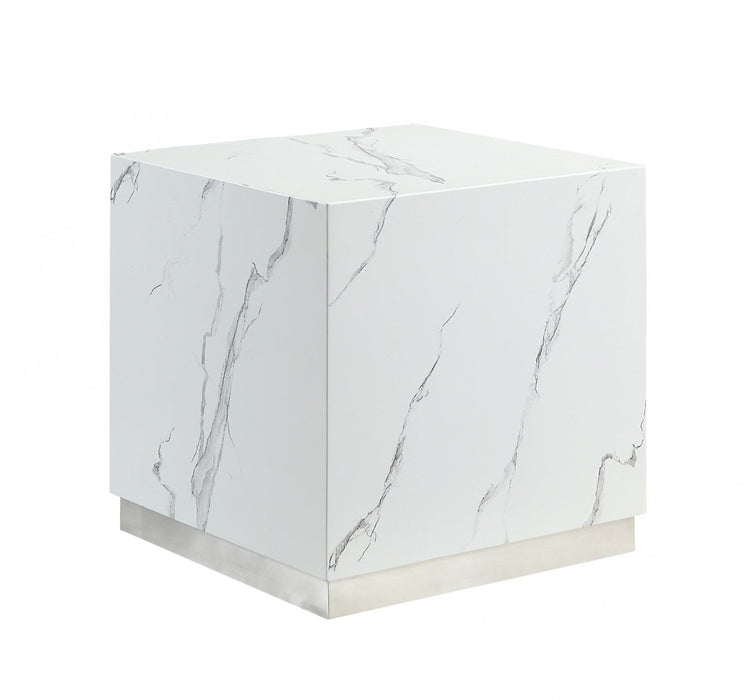 Aphrodite End Table, White Faux Marble & Silver 