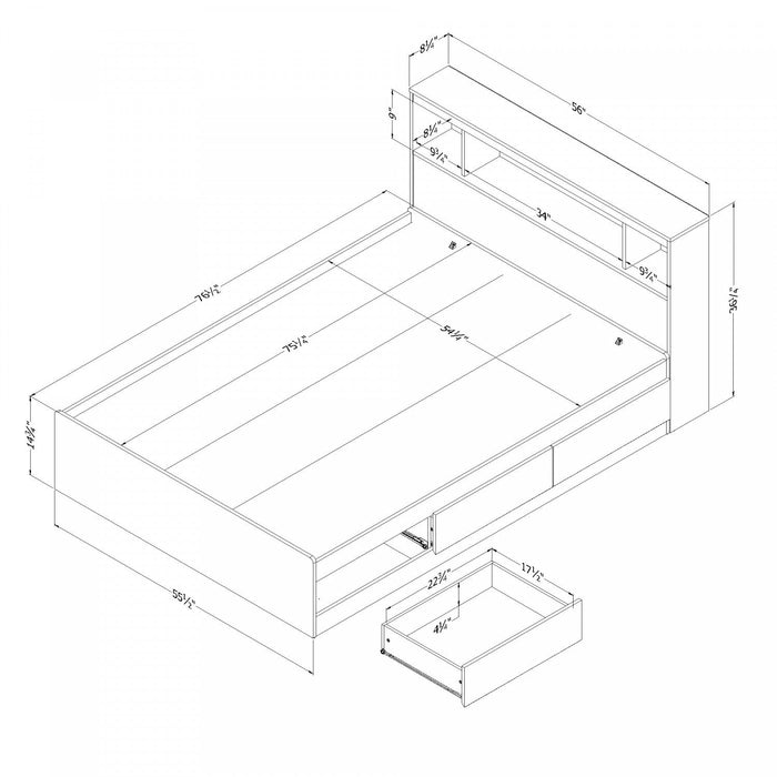 Reevo Full Mates Bed With Bookcase Headboard Set - Pure White 