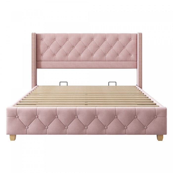 Haley Linen Upholstered Platform Bed with Classic Wingback Headboard and Diamond Tufted Upholstery,Full Size,Pink Full Bed  