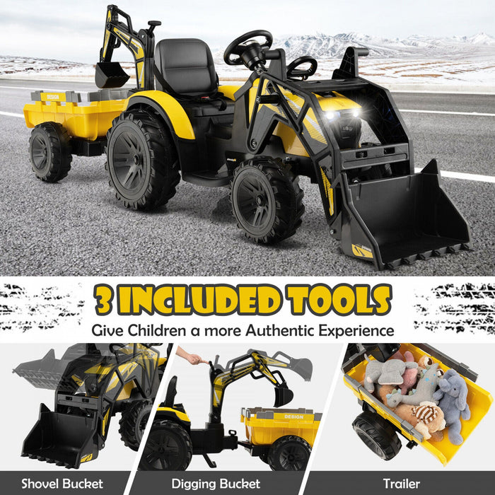 3-in-1 Kids Ride On Excavator Bulldozer 12v Electric Tractor Remote W/ Trailer Yellow