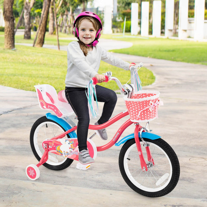 Costway 16" Kids Bike With Basket Doll Seat & Colorful Streamers 2 Training Wheels Pink