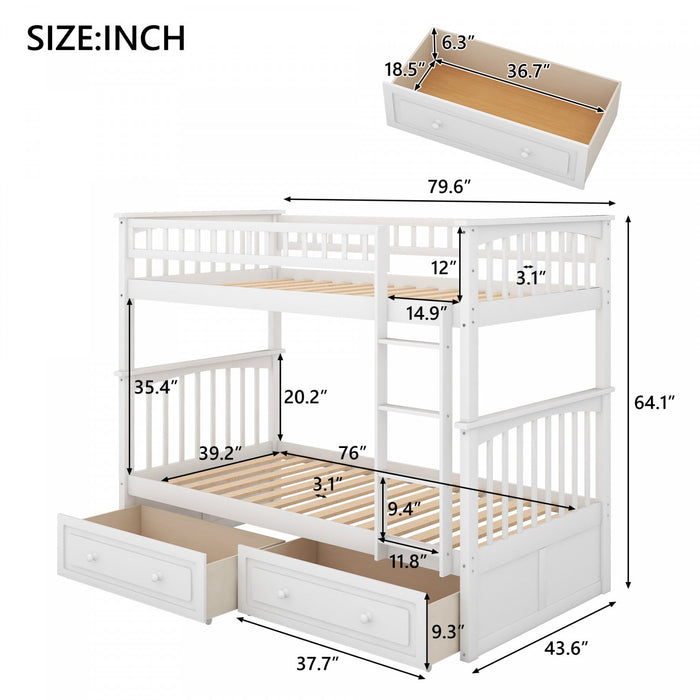 Elvis Solid Wood Convertible Bunk Bed With Drawers, Twin Size - White 