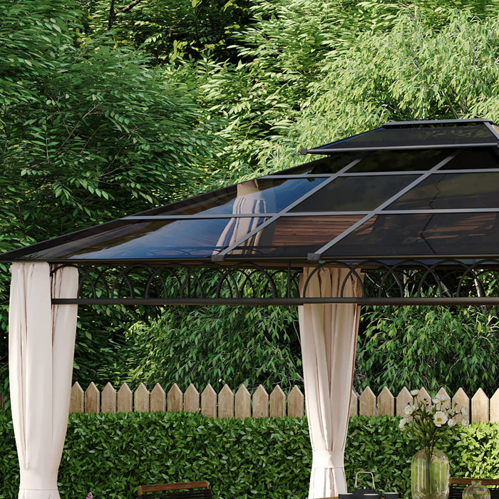 Outsunny 10' X 12' Double roof Hardtop Gazebo With Nettings curtains Khaki