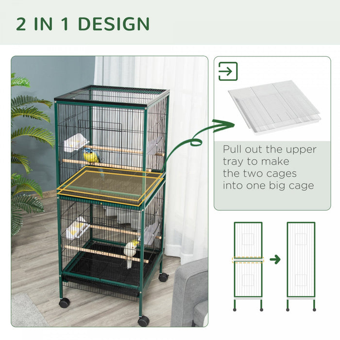 Pawhut 55.1\" 2 In 1 Bird Cage Aviary Parakeet House For Finches, Budgies With Wheels, Slide-out Tray
