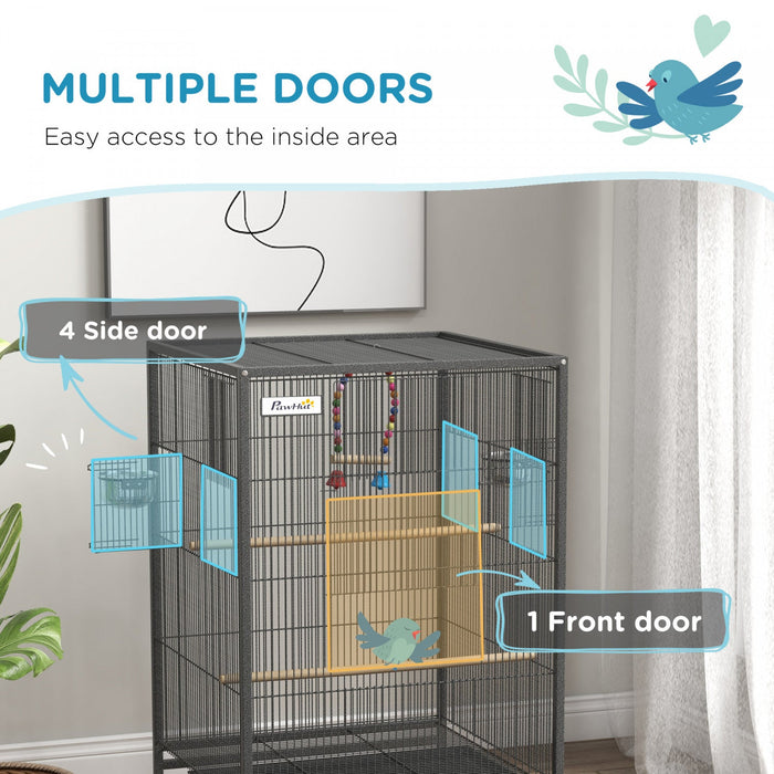 Pawhut 29\" Bird Cage With Rolling Stand For Parrots, Love Birds, And Finches, Large Bird Cage With C