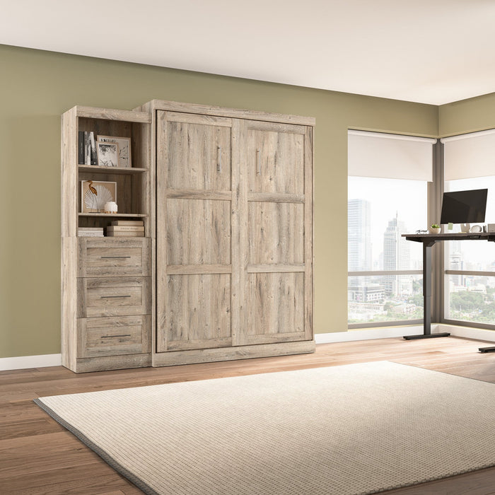 Bestar Pur Queen Murphy Shelving Unit with Drawers 90-Inch Wall Bed - Rustic Brown
