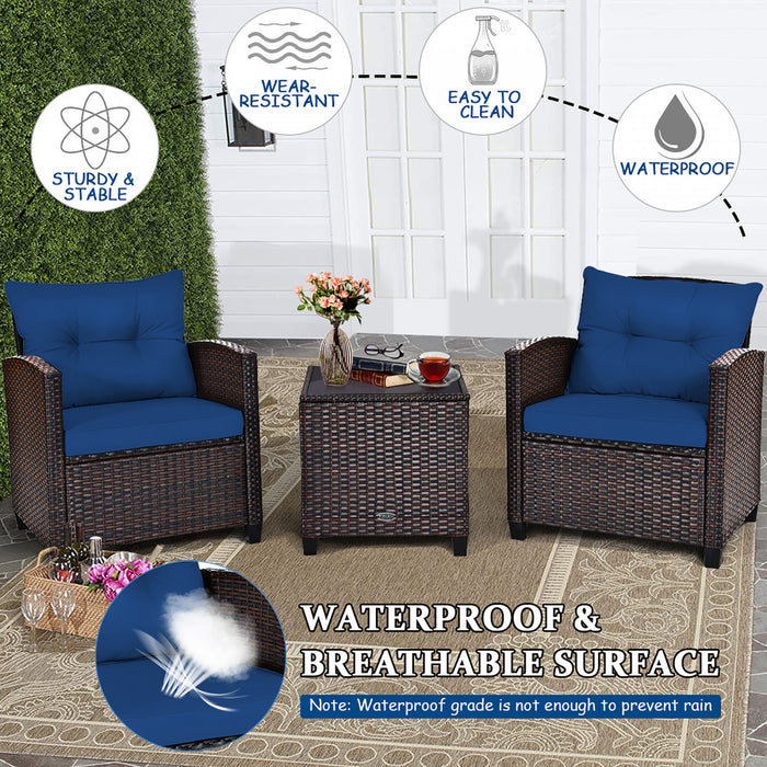 Costway 3pcs Patio Rattan Furniture Set Cushioned Conversation Set Coffee Table Navy