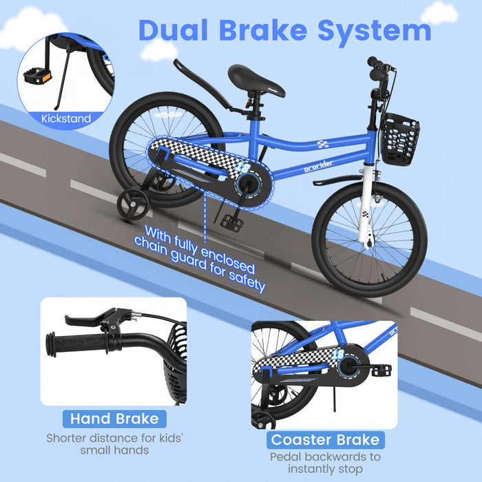Costway 18" Kid's Bike With Removable Training Wheels & Basket For 4-8 Years Old Blue