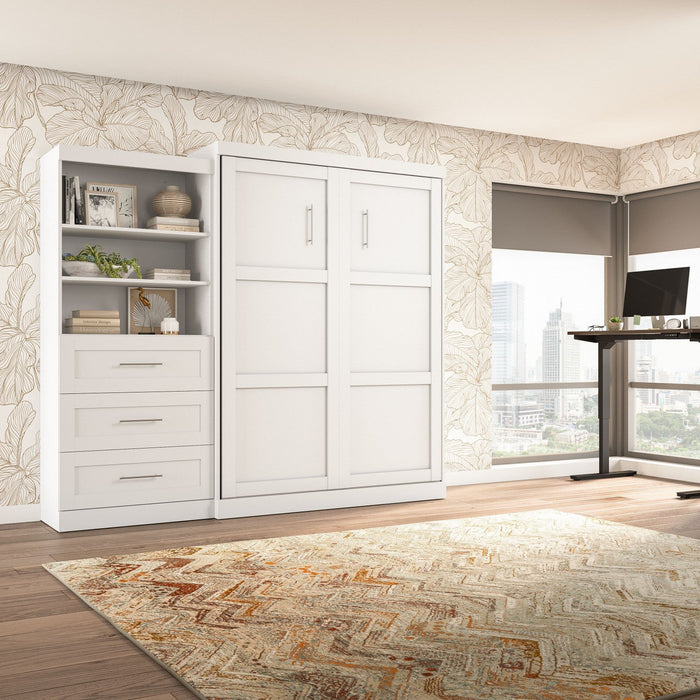 Bestar Pur Queen Murphy Bed and Shelving Unit with Drawers 101-Inch Wall Bed - White
