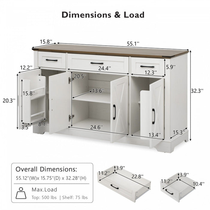 Ryan 55\" Adjustable Storage Buffet Cabinet With Door Shelves And Coffee Bar Station - White 