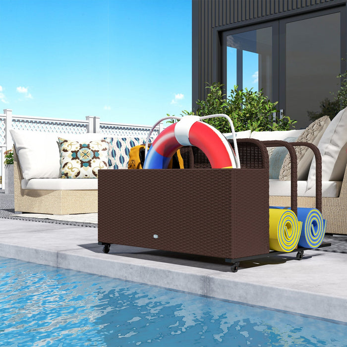 Rolling Pool Storage Rattan Outdoor Storage Wicker Organizer, Brown