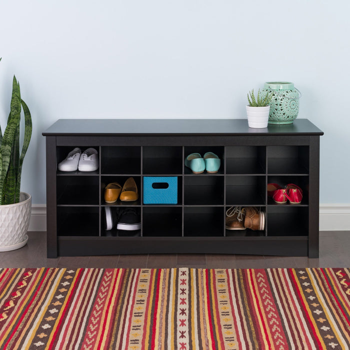 Eighteen Pair Shoe Storage Cubby Bench - Black