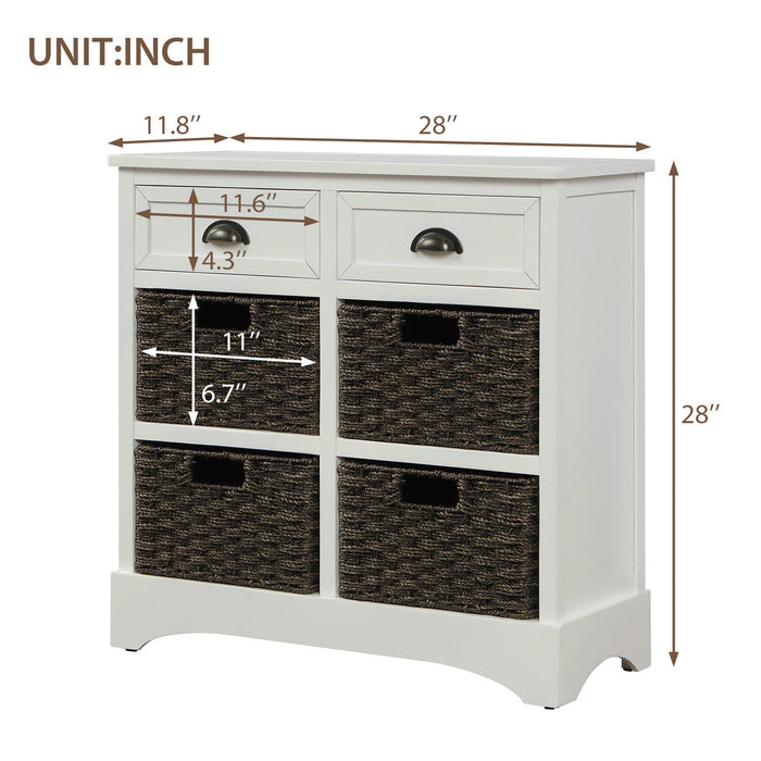 Tobey Solid Wood Storage Cabinet With 2 Drawers And 4 Rattan Baskets,white Accent Cabinet 