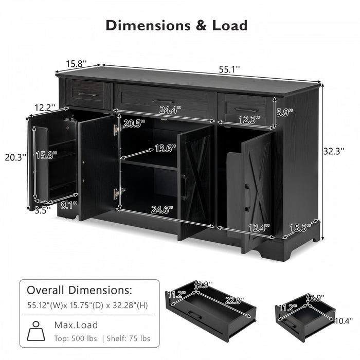 Ryan 55\" Adjustable Storage Buffet Cabinet With Door Shelves And Coffee Bar Station - Black 