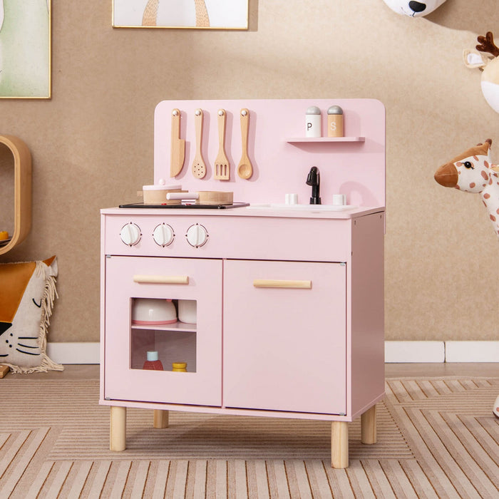 Costway Kids Kitchen Playset With Light Up Stove & Cooking Sounds Oven Sink Faucet Pink
