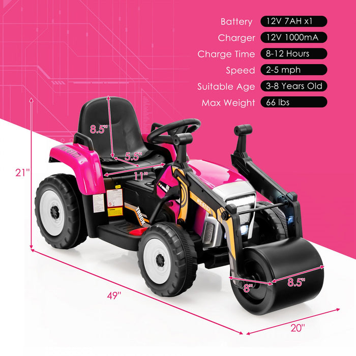 Costway Kids Ride On Road Roller 12v Electric Tractor Remote W/ Music & Led Light Pink
