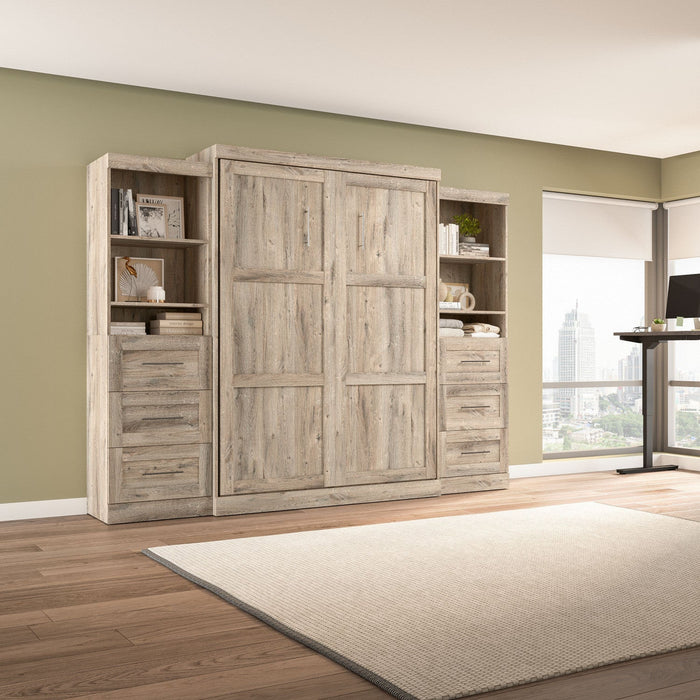 Bestar Pur Queen Murphy Two Shelving Units with Drawers 115-Inch Wall Bed - Rustic Brown