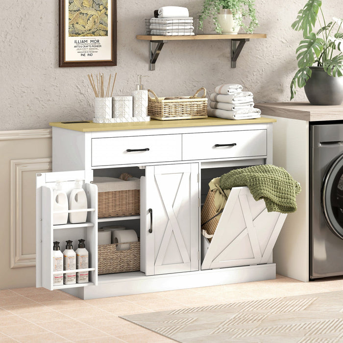 HOMCOM Tilt Out Trash Cabinet with Charging Station, Kitchen Island, White