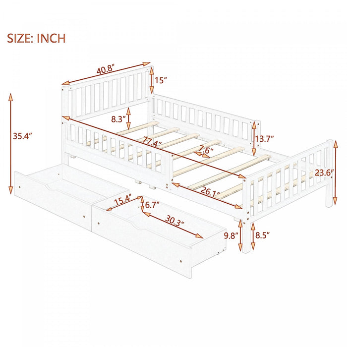 Emma Wood Platform Bed with Guardrails and Storage Drawers,Twin Size - Grey 