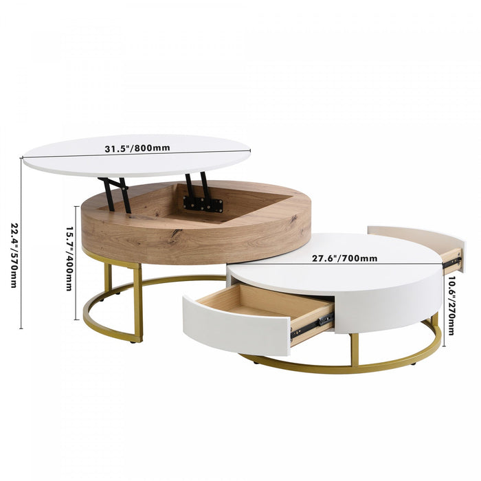 Sherry 31.5\" Round Engineered Wood Lift-top Nesting Coffee Table With Drawers - White 
