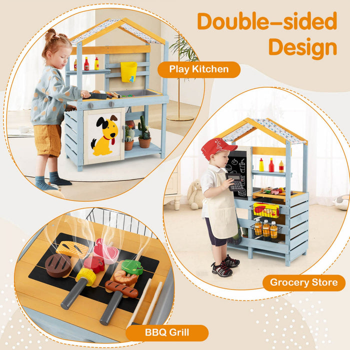Costway 2 In 1 Wooden Mud Kitchen Outdoor Play Kitchen & Grocery Store With Sink